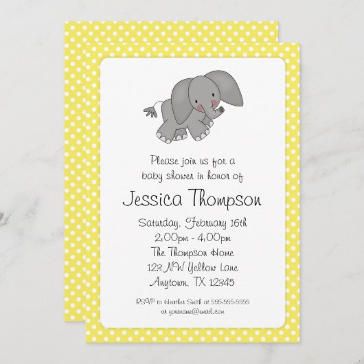 Yellow Elephant Polka Dots Babydusche Einladung (Vorne/Hinten)