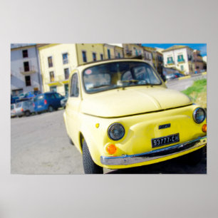 Yellow Fiat 500, vintage Cinquecento in Italy Poster