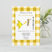 Yellow Fish & Gingham Gold Ballon 1. Geburtstag Einladung (Stehend Vorderseite)