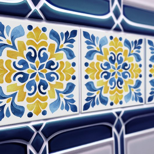 Yellow Fleur-de-Lis Azulejo Print Fliese