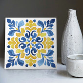 Yellow Fleur-de-Lis Azulejo Print Fliese
