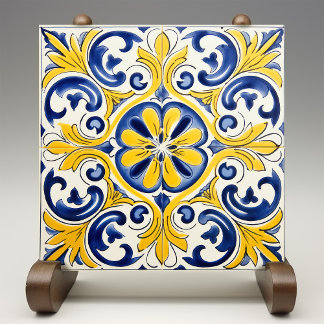 Yellow Fleur-de-Lis Azulejo Print Fliese