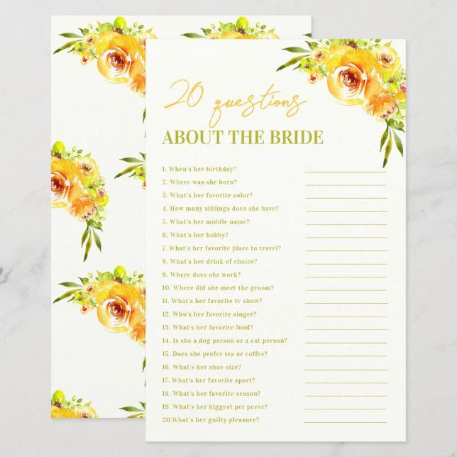 Yellow Floral 20 Questions About the Bride Game (Vorne/Hinten)