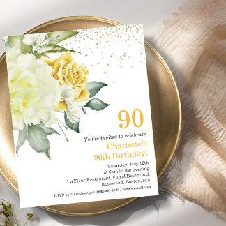 Yellow Floral 90. Budget Geburtstagseinladung