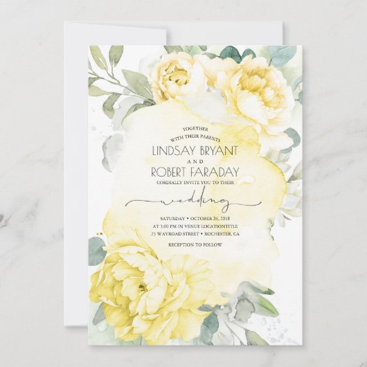 Yellow Floral Boho Greenery Elegante Wedding Einladung (Vorderseite)