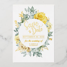 Yellow floral class botanische Hochzeit Rett Datum Folieneinladung