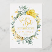 Yellow floral class botanische Hochzeit Rett Datum Folieneinladung (Vorderseite)