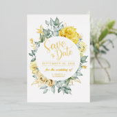 Yellow floral class botanische Hochzeit Rett Datum Folieneinladung (Stehend vorne)