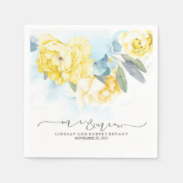 Yellow Floral Dusty Blue Watercolor Wedding Serviette