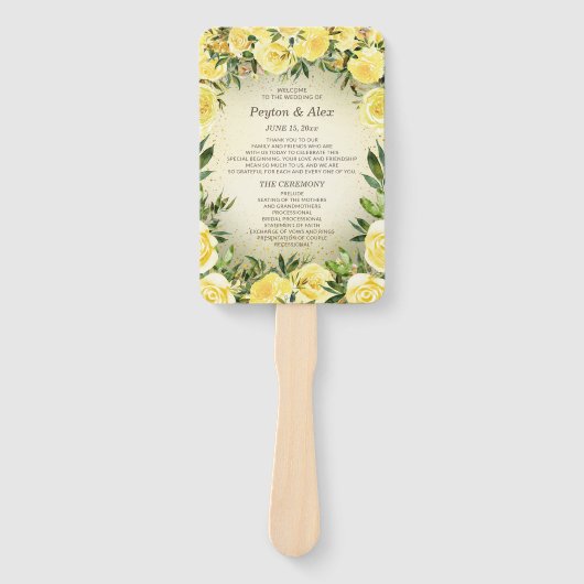 Yellow Floral Gold Glitzer Wedding Program Fächer (Vorderseite)
