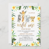 Yellow Floral Greenery Safari Wild One Baby Shower Einladung (Vorderseite)