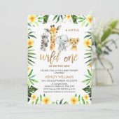 Yellow Floral Greenery Safari Wild One Baby Shower Einladung (Stehend Vorderseite)