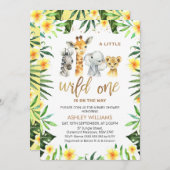 Yellow Floral Greenery Safari Wild One Baby Shower Einladung (Vorne/Hinten)