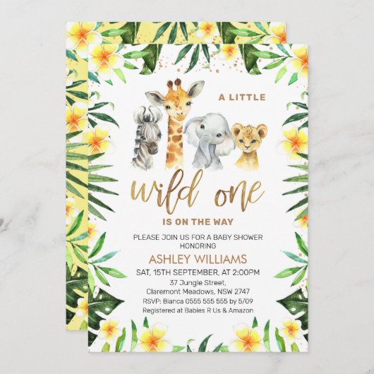 Yellow Floral Greenery Safari Wild One Baby Shower Einladung (Vorne/Hinten)