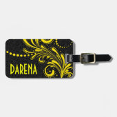 Yellow Floral Lace Black Damask Gepäckanhänger (Vorderseite horizontal)