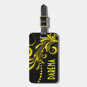 Yellow Floral Lace Black Damask Gepäckanhänger