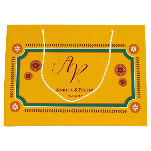 Yellow Floral Monogram Initials Indian Wedding Große Geschenktüte (Vorderseite)