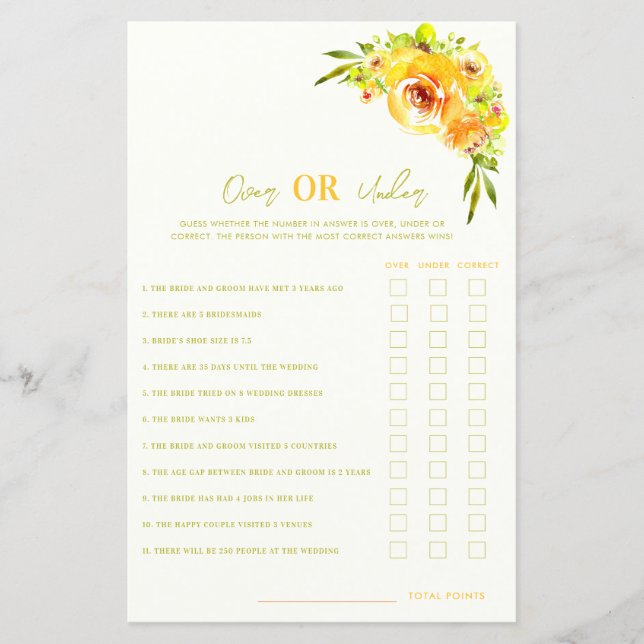 Yellow Floral Over or Under Bridal Shower Game (Vorderseite)