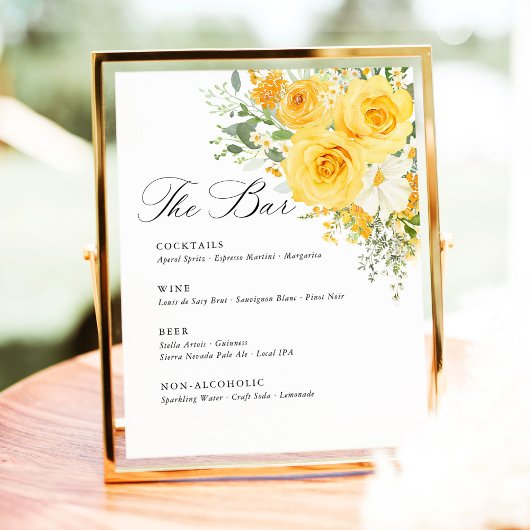 Yellow Floral Rose Wedding Bar Menu Sockelschild