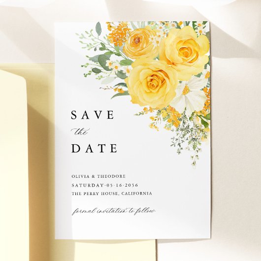 Yellow Floral Rose Wedding Save the Date
