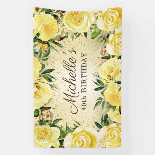 Yellow Floral Roses Gold Glitter 40th Birthday Banner (Vertikal)