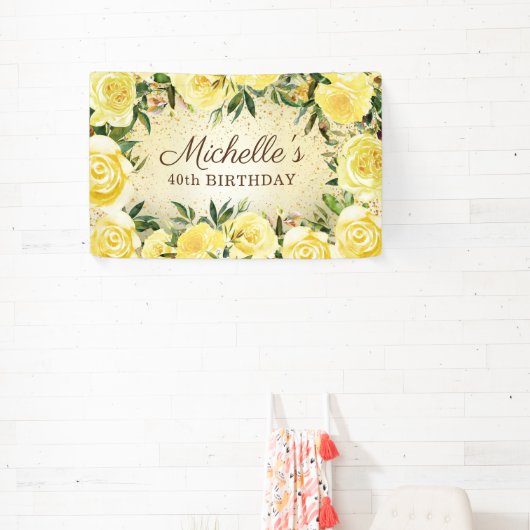 Yellow Floral Roses Gold Glitter 40th Birthday Banner (InSitu)