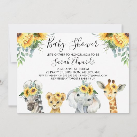 Yellow Floral Safari Animals Baby Dusche Einladung (Vorderseite)