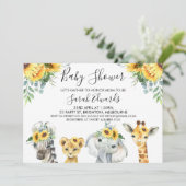Yellow Floral Safari Animals Baby Dusche Einladung (Stehend Vorderseite)