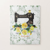Yellow Floral Vintage Sewing Machine Personalized Puzzle (Vertikal)