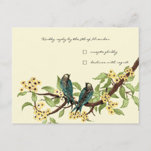Yellow Florals Aquamarine Vintage Liebe Vogelreakt Einladungspostkarte