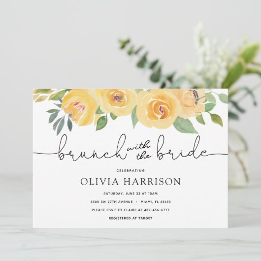 Yellow Florals Brunch mit Brautdusche Einladung (Stehend Vorderseite)