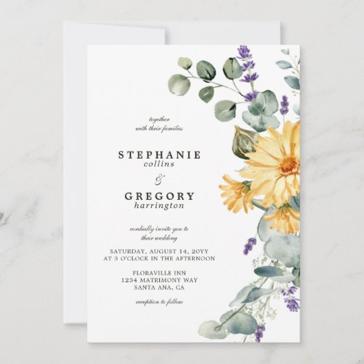 Yellow Florals Eucalyptus Wedding Einladung (Vorderseite)