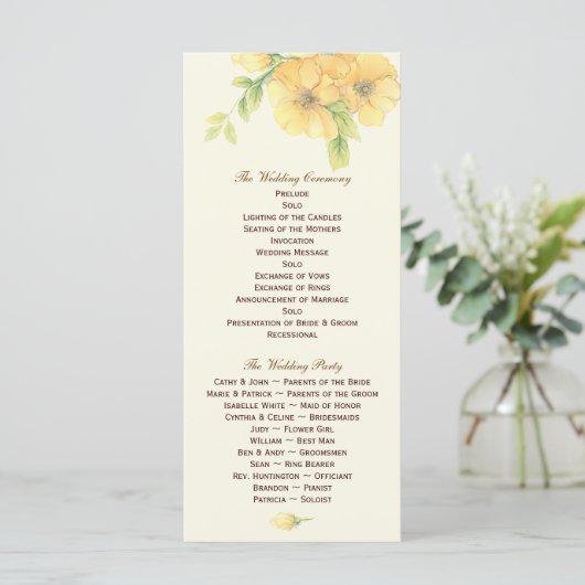 Yellow Florals Wedding Program Foto Keepake Programm (Stehend Vorderseite)