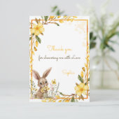 Yellow Flower Cute Bunny Spring Easter Baby Shower Dankeskarte (Stehend Vorderseite)