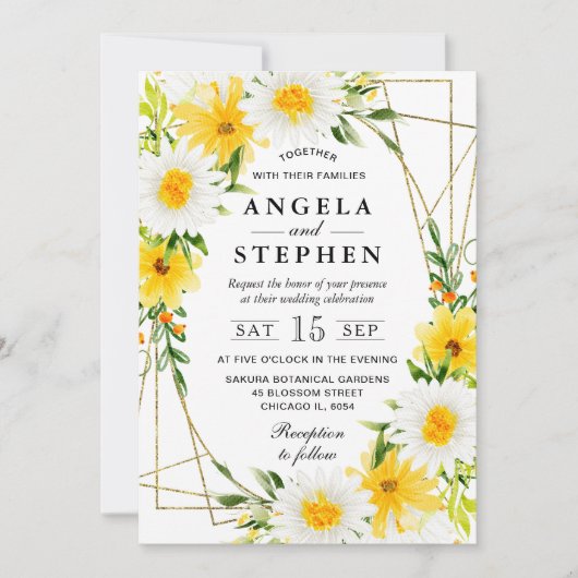 Yellow Flowers Daisies Gold Frame Wedding Einladung (Vorderseite)
