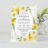 Yellow Flowers Daisies Gold Frame Wedding Einladung (Stehend Vorderseite)