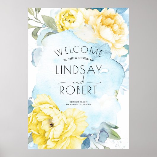 Yellow Flowers Dusty Blue Watercolor Wedding Poster (Vorne)