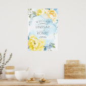 Yellow Flowers Dusty Blue Watercolor Wedding Poster (Küche)