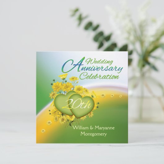 Yellow Flowers Hearts 20. Jubiläum Party Einladung (Stehend Vorderseite)