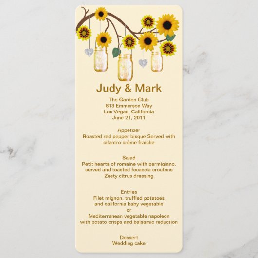 Yellow Flowers Mason Jars Menu Card Menükarte (Vorderseite)
