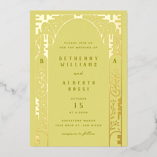 Yellow Foil Art Nouveau Arch Foil Einladung (Vorderseite)