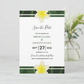 Yellow Frangipani Plumeria Wedding Save the Date (Stehend Vorderseite)