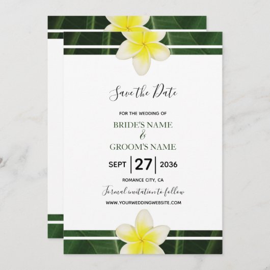 Yellow Frangipani Plumeria Wedding Save the Date (Vorne/Hinten)