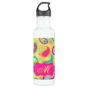 Yellow Fuchsia Pink Modern Paisley Monogram Edelstahlflasche