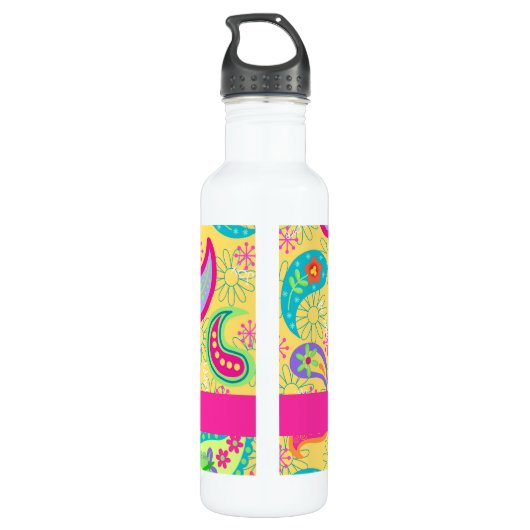 Yellow Fuchsia Pink Modern Paisley Monogram Edelstahlflasche (Rückseite)