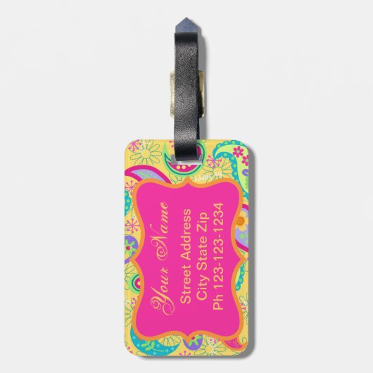 Yellow Fuchsia Pink Modern Paisley Monogram Gepäckanhänger (Rückseite vertikal)