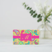 Yellow Fuchsia Pink Modern Paisley Monogram Visitenkarte (Stehend Vorderseite)