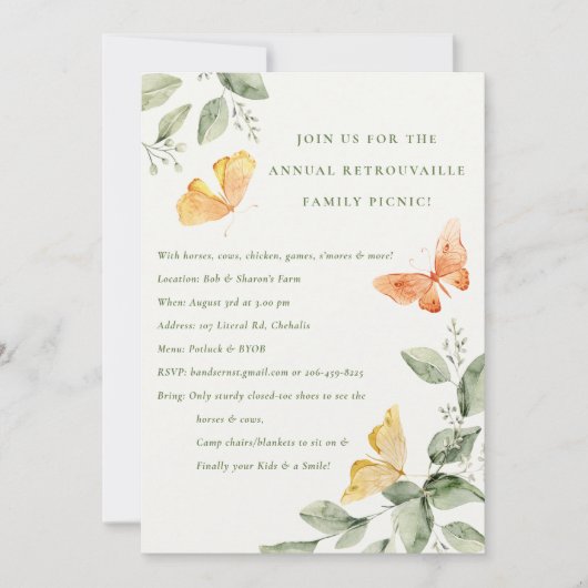 Yellow Garden Foliage Butterfys Annual Picnic Einladung (Vorderseite)