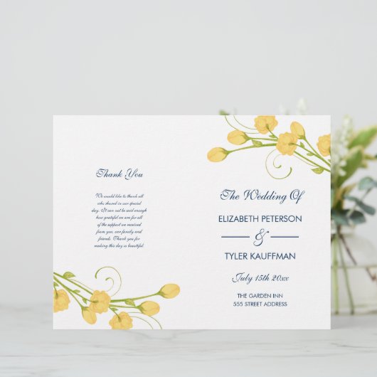 Yellow Garden Rose mit Marinetext Hochzeitsprogram (Stehend Vorderseite)