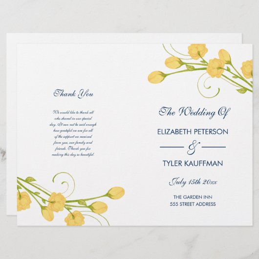 Yellow Garden Rose mit Marinetext Hochzeitsprogram (Vorne/Hinten)
